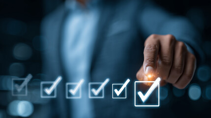 Businessman touching to tick correct mark in checklist with progressive loading status to remind work task progressive for project develop management and tracking concept
