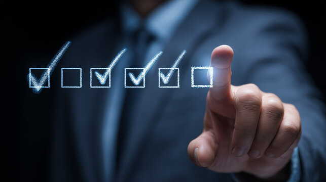 Businessman touching to tick correct mark in checklist with progressive loading status to remind work task progressive for project develop management and tracking concept