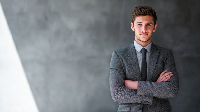 Energetic young business man standing with arms crossed, proud expression.