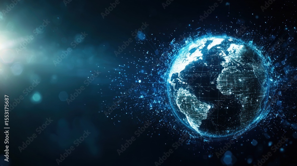 Poster digital representation of the earth with glowing data network.