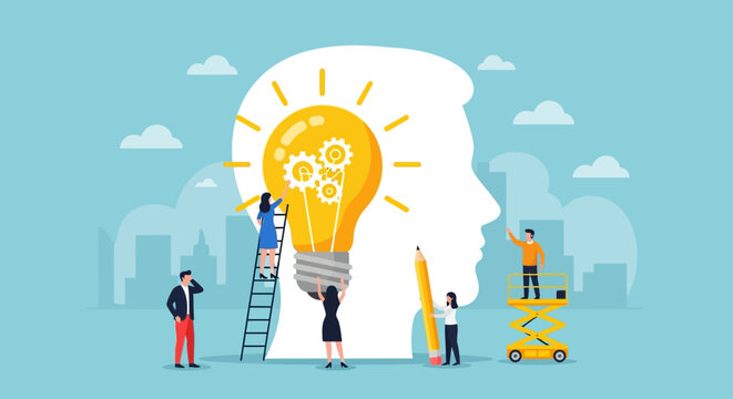 Creative Idea Lightbulb with Gears Inside Head Silhouette Illustration