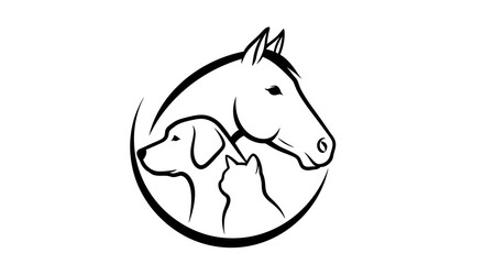 Elegant Black and White Line Art of a Horse, Dog, and Cat Heads in Oval Frame