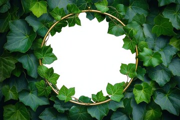 Fototapeta premium golden hoop surrounded by dense green ivy leaves forming a natural frame with a white center space