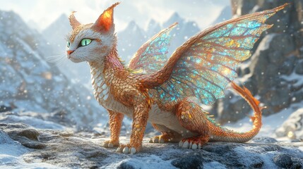 hyperealistic Unreal Engine, beautiful adorable cat-dragon, scales made of opal and pearl ,