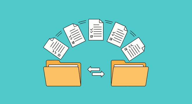Data Transfer: Six Documents Moving Between Two Orange Folders