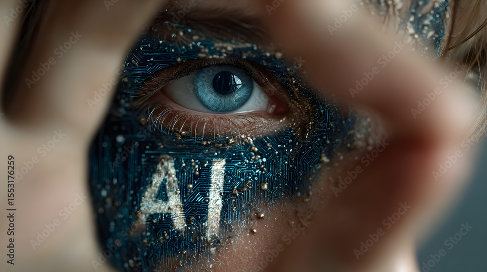 Poster a human face with ai text on a blue background made from a digital circuit for a web banner.