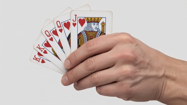 Close-up of hand holding royal flush hearts cards in poker game
