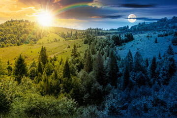 summer landscape with forest on the hill. scenic view of highlands with sun and moon at twilight. mysterious environment with trees in green foliage. scenery under dark blue sky and rainbow