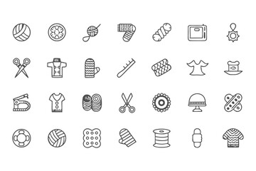 Knitting, Crocheting and Sewing Icon Set. Collection of Line Art Icons Including Yarn, Needles, Scissors, Sweaters, Buttons, and More  Elements Vector Illustration on White Background