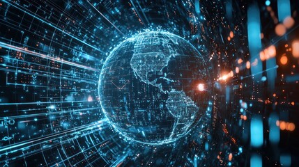 Obraz premium Global network graphic with a detailed world map.