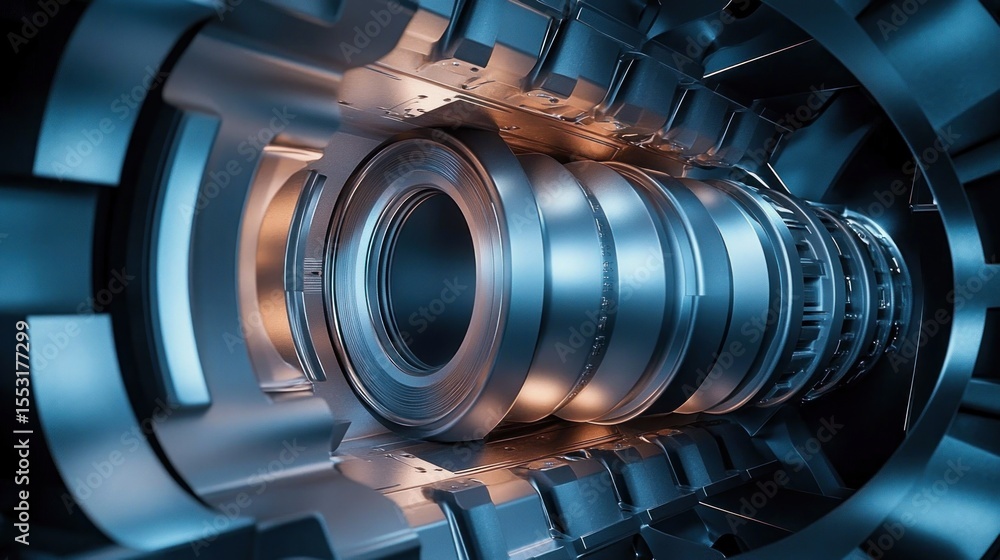 Poster close-up view of a complex metallic mechanical component with cylindrical parts and detailed rings i