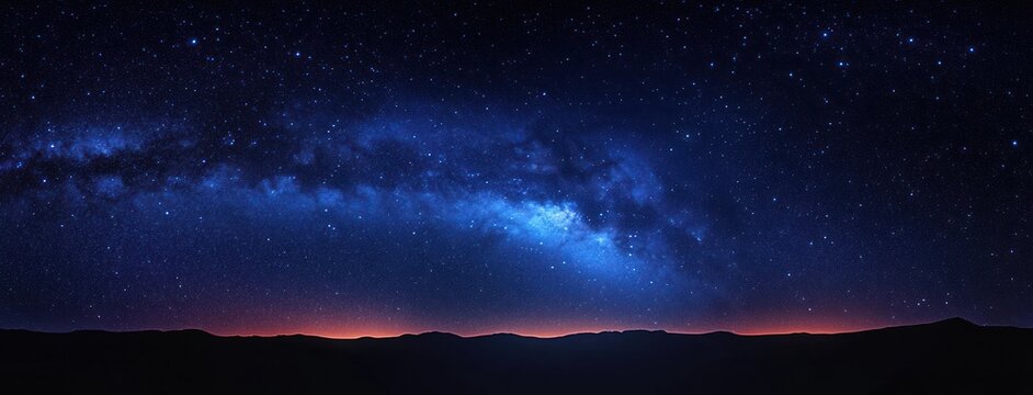 Panoramic night sky with a bright band of stars and the Milky Way over a dark mountain silhouette at dusk