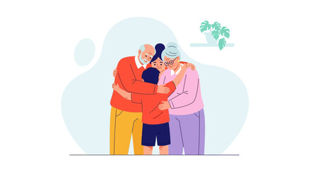 Grandparents and Grandchild in Warm Embrace, Affectionate Family Group Hug, Illustrated