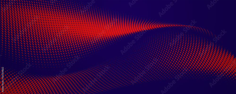 Poster red halftone dots creating abstract waves on a dark background