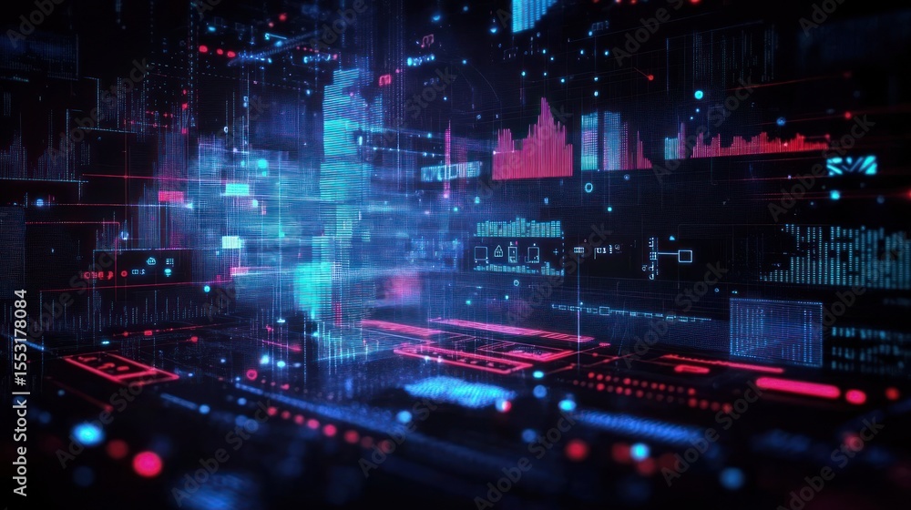 Poster abstract futuristic digital interface with glowing data charts and holographic displays in dark tech