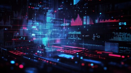 Abstract futuristic digital interface with glowing data charts and holographic displays in dark technology environment