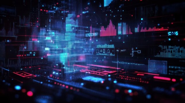 Abstract futuristic digital interface with glowing data charts and holographic displays in dark technology environment