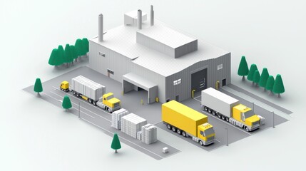 Industrial facility with delivery trucks.