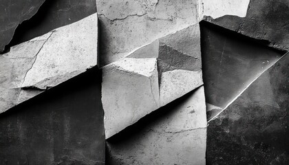 Close-up of cracked and peeling layers of textured wall paint in grayscale creating an abstract geometric pattern with rough surfaces