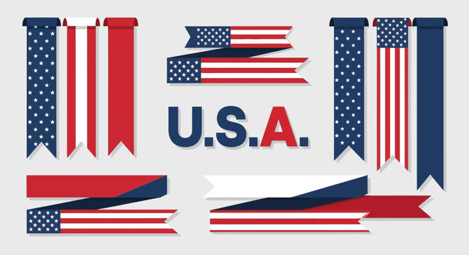 Patriotic USA Banner Set with American Flag Elements and "U.S.A." Text - Powered by Adobe