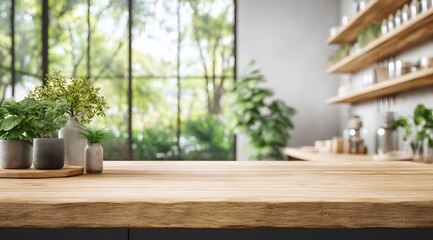 Fototapeta premium Wooden countertop presents plants and greenery indoors