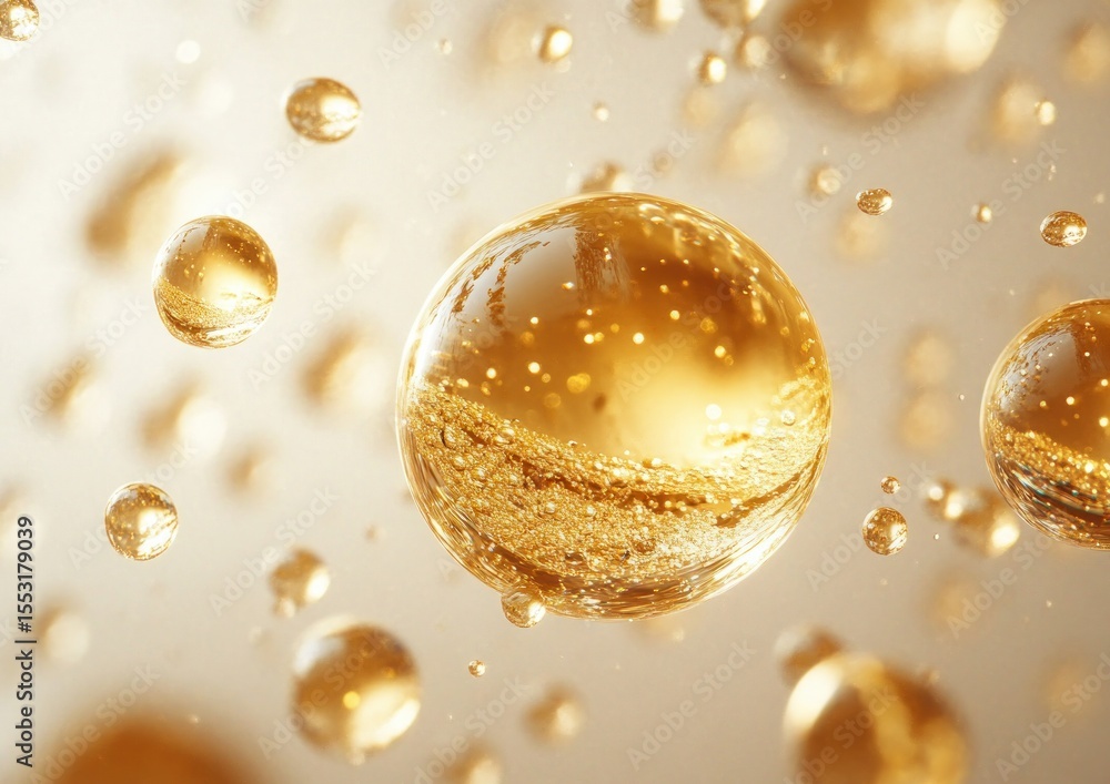 Poster close-up view of multiple golden liquid bubbles suspended in a translucent light environment, creati