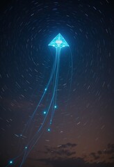 Una cometa brillante que se eleva alto en un cielo oscuro, dejando atrás rastros luminosos que forman patrones intrincados en el aire