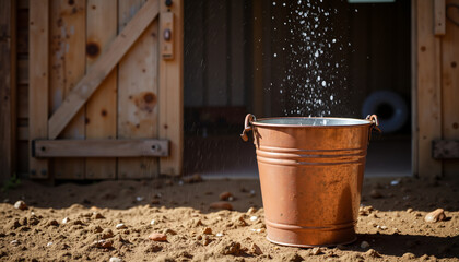 Obraz premium Copper bucket with water splashing outdoors near wooden barn 
