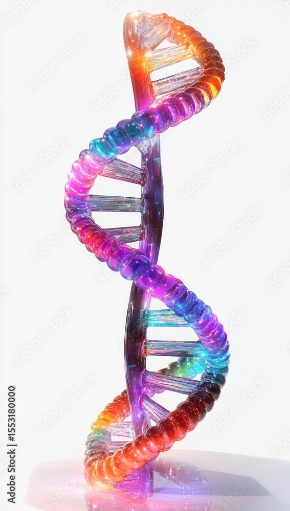 Poster colorful translucent double helix dna model with vibrant gradient hues standing upright on a reflect