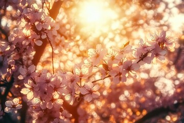 Close-up of delicate pink cherry blossoms on branches illuminated by warm golden sunlight with a softly blurred background