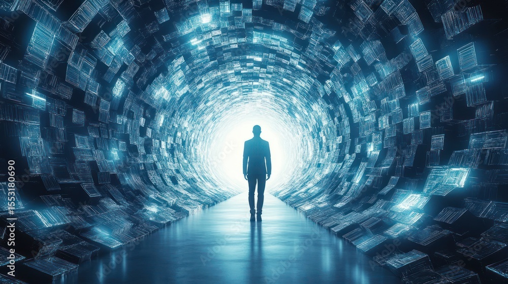 Poster silhouette of a man walking toward a bright light at the end of a futuristic tunnel lined with glowi