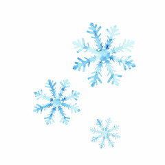 Watercolor blue snowflakes on white background  
