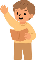 Boy Reading and Raising Hand