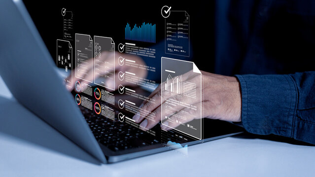 Company satisfaction check uses virtual checklist, document approval, survey data, and connected folder database for inspection, exam report, and efficient management