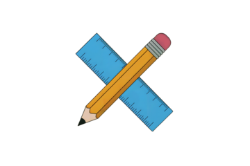 A simple drawing showing a yellow pencil over a blue ruler creating a cross on a transparent background for design use.