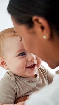 Loving mother gently kisses her laughing baby's forehead in a tender close-up, capturing a heartwarming moment of maternal affection, ideal for themes of motherhood and family bonding