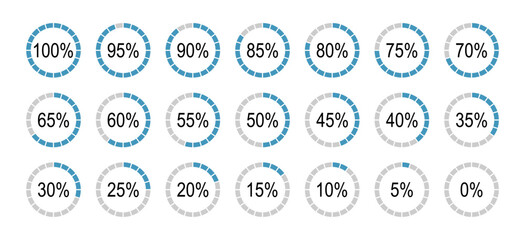 Set of round diagrams icons for infographics from 0 to 100 percent. Blue, grey color fill divided pie charts indicator. Percentage infographics minimalist elements. Circle graph loading progress.