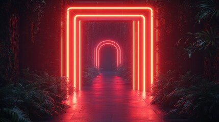 Fototapeta premium Mysterious dark forest path illuminated by vibrant glowing red neon rectangular and arched frames surrounded by lush foliage creating a futuristic atmosphere