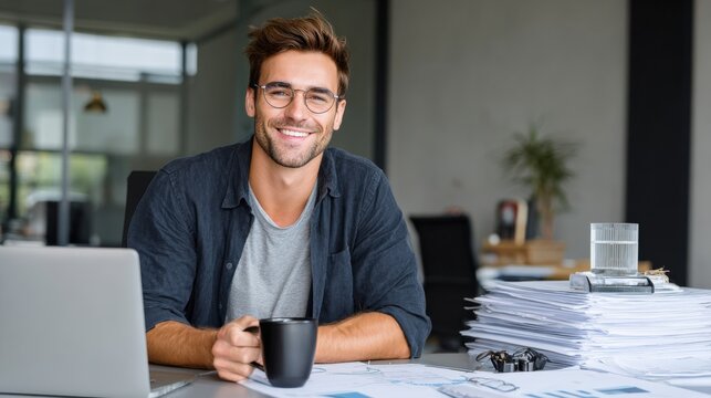 Friendly office worker looks at camera, coffee mug in hand, laptop open, documents neatly arranged.