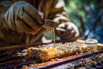 close-up of a beekeeper harvesting honey in a beehive