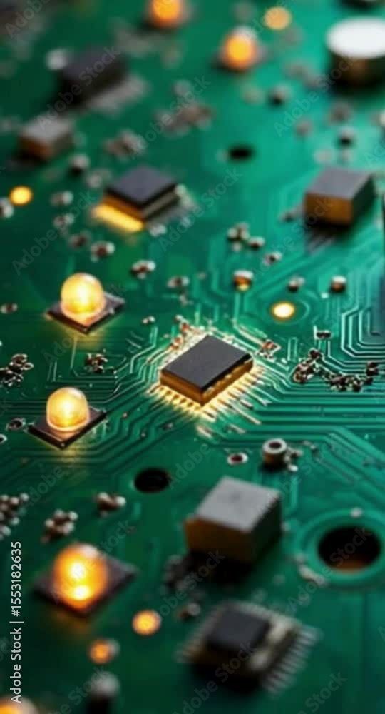 Poster close up of a green circuit board with glowing components and intricate traces