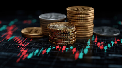 Colorful graphs and stacked coins represent rising investments and trends in crypto economy