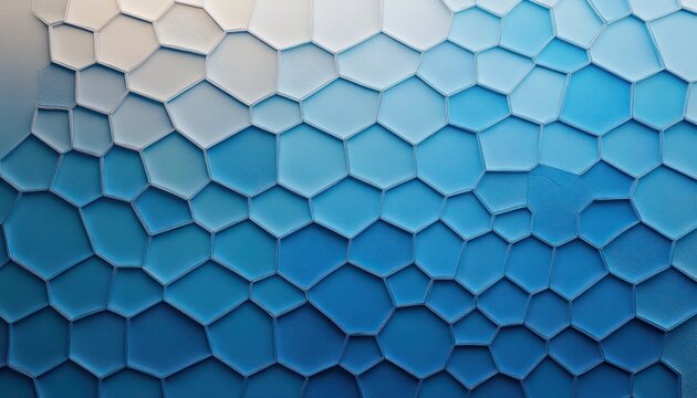 abstract wall with irregular pentagon and hexagon shapes in a gradient from white to blue creating a modern geometric pattern