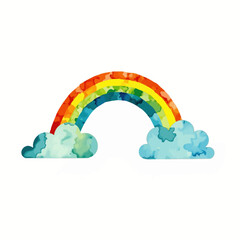 Rainbow arching over fluffy clouds in colorful watercolor style  
