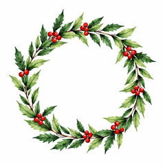 Fototapeta premium Holiday wreath with green leaves and red berries in circular shape 
