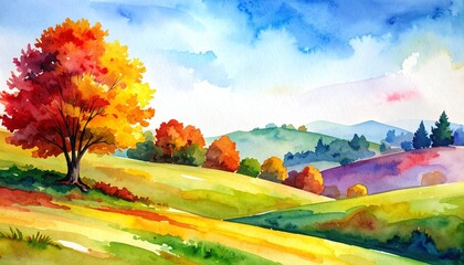 Paysage d'illustration aquarelle d'automne