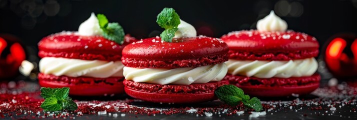 Three red velvet macarons are displayed with white cream filling and fresh mint, perfect for dessert lovers at any event