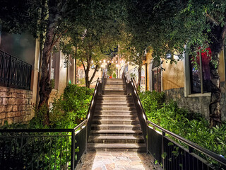 A delightful stairway, beautifully illuminated by gentle, soft lights, meanders through a vibrant tapestry of lush greenery, creating a picturesque scene in a charming outdoor