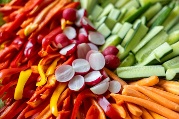 Top view of a vibrant vegetable platter. Bright red radishes in the center, surrounded by sliced...