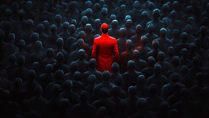 Obraz premium A person in a bright red coat stands out among a crowd of shadowy, indistinct figures, symbolizing individuality and isolation